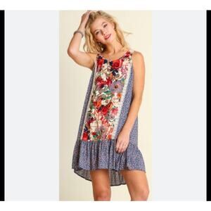 Umgee Boho Patchwork Floral Dress Women’s S Flowy Lace Back Romantic Flowy Roses